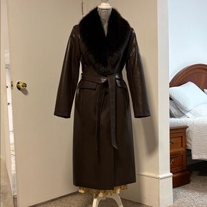 MICHAEL Michael Kors Dark Brown Trench Coat with Black Faux Fur Collar